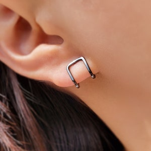 Square earrings - Black stud earrings - Silver earrings - Cartilage earrings - Geometric earrings - Ear jacket earrings - Everyday earrings
