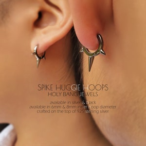 Spike earrings - Spike hoop earrings - Huggie hoops - Silver huggie earrings - Black hoop earrings