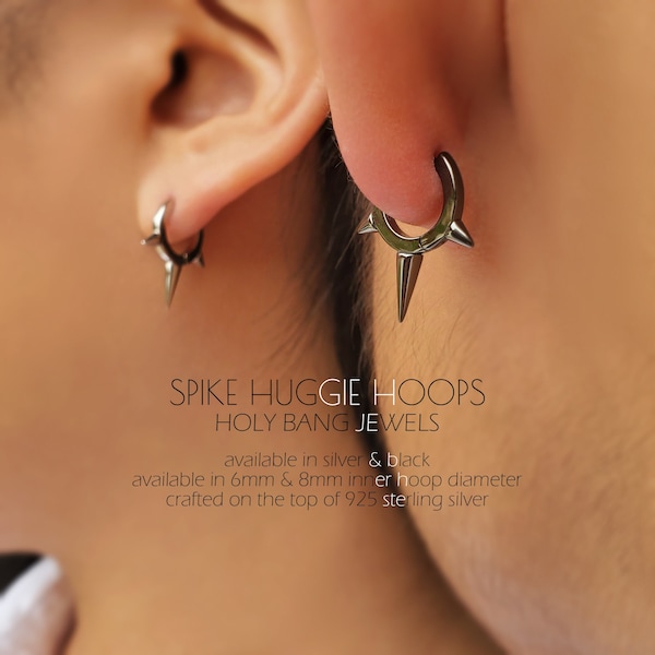 Spike earrings - Spike hoop earrings - Huggie hoops - Silver huggie earrings - Black hoop earrings