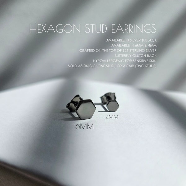 Hexagon earrings - Black studs - Silver stud earrings - Conch earrings - Geometric earrings - Dainty earrings - Everyday earrings