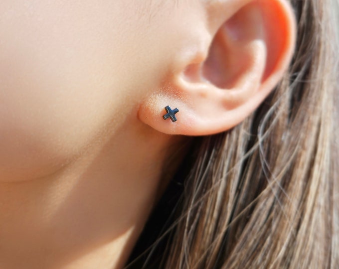 X shaped earrings - Black studs - Silver stud earrings - Cartilage earrings - Mens earrings - Dainty earrings - Everyday earrings