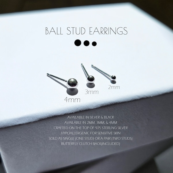 Ball stud earrings - Tiny stud earrings - Cartilage earrings - Dainty earrings - Black stud earrings - Silver earrings - Minimalist earrings