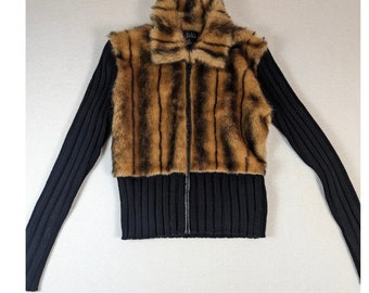 iDOLL maglione da donna in pelliccia sintetica lavorata a maglia con zip intera manica lunga nero marrone vintage XL