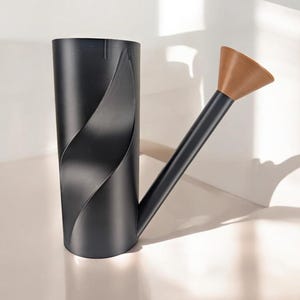 Könnte beinhalten: Eine schwarze Metall-Gießkanne mit einem einzigartigen, geschwungenen Design. Ausguss und Griff sind schwarz, während der Gießkopf braun ist. Diese dekorative Gießkanne ist für den Innen- und Außenbereich geeignet.