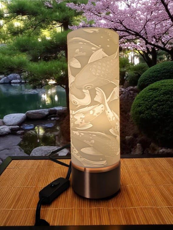 Koi Fish Lamp, white with copper base zen-inspired accent lighting minimalist