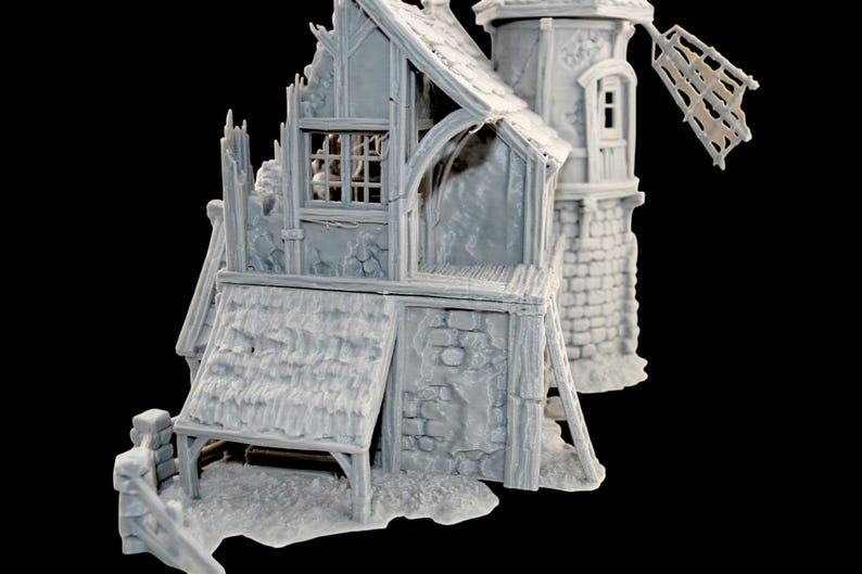 Partially Rendered Miniature Model Ruined Windmill Granary Terrain Building: 28mm-36mm Fantasy Wargaming ...