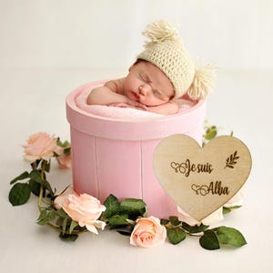 14 Cartes étapes bébés personnalisées coeurs en bois, plaque de naissance, future maman, baby shower, 8,5 x 9,5 cm, carte bienvenue