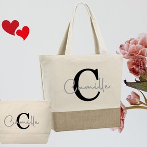 Grand Sac cabas et trousse de maquillage prénom en coton et jute écologique avec fermeture zip personnalisé 49x35x17cm, cadeau, noël, femme