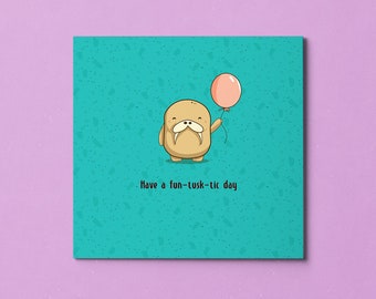 Cute funny birthday card for him or her, kawaii walrus ballon greetings, fantastic puns dad jokes, colourful happy birthday