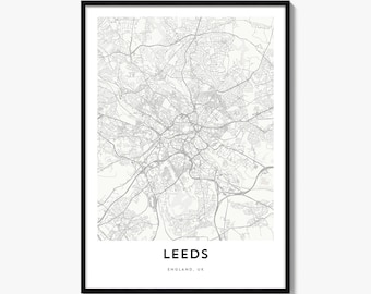 Leeds Map Poster, Minimalist City Print, England Wall Art