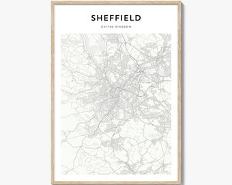 Impresión del mapa de Sheffield, póster de Steel City, arte mural del Reino Unido, decoración urbana personalizada de Inglaterra