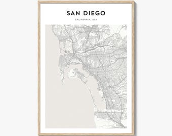 Impresión del mapa de San Diego, póster de California, arte mural de EE. UU., decoración urbana personalizada del sur de California