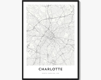 Charlotte Map Poster, Minimalist City Print, North Carolina Wall Art