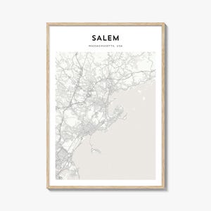 Affiche de carte de Salem dans le Massachusetts, impression de carte de Salem, art mural voyage Salem, carte personnalisée Salem,