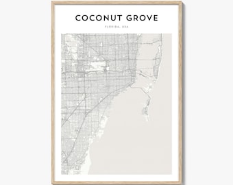 Impresión del mapa de Coconut Grove, póster de Florida, arte mural de EE. UU., decoración urbana personalizada de Miami