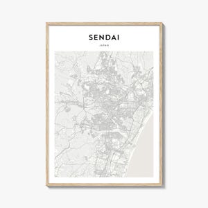 Impresión del mapa de Sendai, póster de Japón, arte mural de Miyagi, decoración urbana personalizada de Tohoku