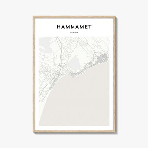 Póster con mapa de Hammamet, impresión de mapa de Hammamet, arte mural de viaje de Hammamet, mapa personalizado de Hammamet, Túnez