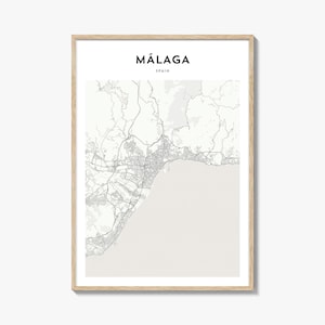 Stampa della mappa di Malaga, poster della Costa del Sol, arte murale della Spagna, decorazioni stradali personalizzate dell'Andalusia