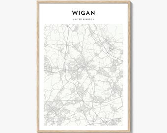 Wigan Map Print, United Kingdom Poster, England Wall Art, Greater Manchester Custom Street Decor