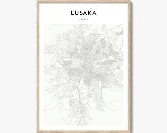 Impresión del mapa de Lusaka, póster de Zambia, arte mural de África, decoración urbana personalizada de Lusaka