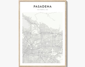 Impresión del mapa de Pasadena, póster de California, arte mural de EE. UU., decoración urbana personalizada de Los Ángeles