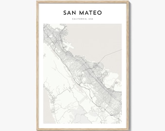 Impresión del mapa de San Mateo, póster de California, arte mural de EE. UU., decoración urbana personalizada del Área de la Bahía
