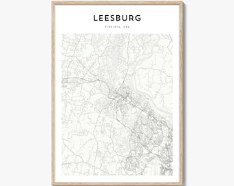 Impresión del mapa de Leesburg, póster de Virginia, arte mural de EE. UU., decoración urbana personalizada del condado de Loudoun