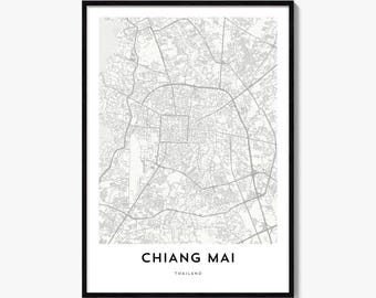 Chiang Mai Map Poster, Minimalist City Print, Street Wall Art, Travel Decor