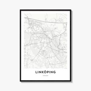 May include: A framed wall art print featuring a detailed street map of Linköping, Sweden. The map displays gray roads and infrastructure lines against a light gray background. The text "LINKÖPING" appears in bold black letters above "SWEDEN".