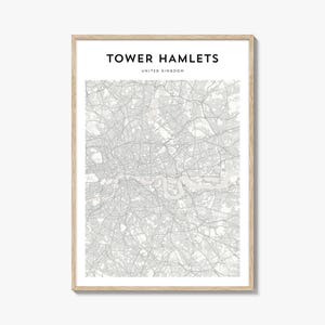 Impresión del mapa de Tower Hamlets, póster de Londres, arte mural de Inglaterra, decoración urbana personalizada del Reino Unido
