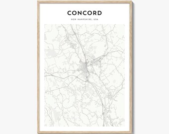 Concord Map Print, New Hampshire Poster, USA Wandkunst, Merrimack Valley Benutzerdefiniertes Straßendekor