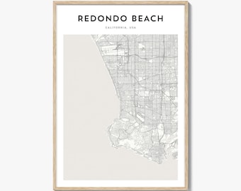 Impresión del mapa de Redondo Beach, póster de California, arte mural de EE. UU., decoración urbana personalizada de Los Ángeles