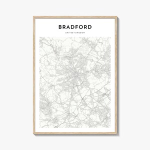Bradford-kaartposter, Bradford-kaartafdruk, Bradford Travel Wall Art, Bradford-kaart, gepersonaliseerde kaart, Verenigd Koninkrijk