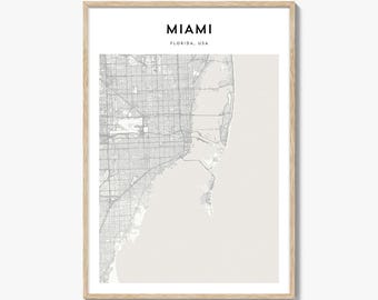 Impresión de mapa de Miami, póster art déco, arte mural de Florida, decoración urbana personalizada de EE. UU.