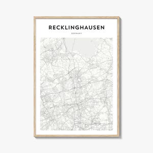 Pôster do mapa de Recklinghausen, impressão de mapa de Recklinghausen, arte de parede de viagem de Recklinghausen, mapa personalizado de Recklinghausen, Alemanha