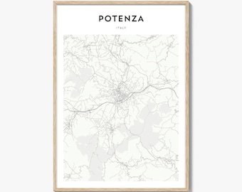 Impresión del mapa de Potenza, póster de Italia, arte mural italiano, decoración urbana personalizada de Basilicata