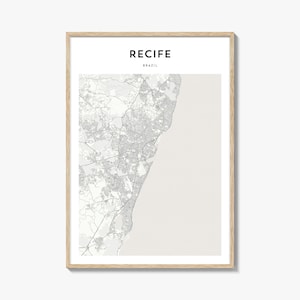 Póster con mapa de Recife, impresión de mapa de Recife, arte mural de viaje de Recife, mapa personalizado de Recife, Brasil