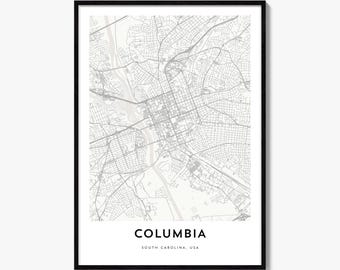 Columbia Map Poster, Minimalist City Print, South Carolina Wall Art