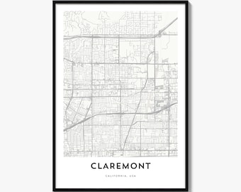 Claremont Map Poster, Minimalist City Print, California Wall Art