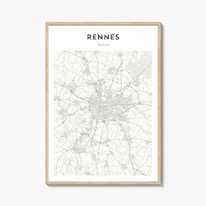 Rennes Map Print, Brittany Poster, France Wall Art, Bretagne Custom Street Decor
