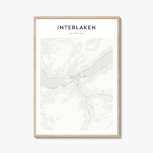 Kaartposter Interlaken, kaartafdruk Interlaken, reiskunst aan de muur Interlaken, gepersonaliseerde kaart Interlaken, Zwitserland
