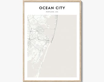 Impresión del mapa de Ocean City, póster de Maryland, arte mural de EE. UU., decoración urbana personalizada de la costa este