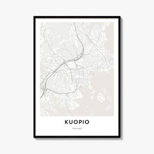 Plakat z mapą Kuopio, minimalistyczny wydruk miejski, sztuka uliczna, dekoracja podróżna