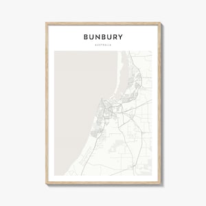 Pôster do mapa de Bunbury, impressão do mapa de Bunbury, arte de parede de viagem de Bunbury, mapa personalizado de Bunbury, Austrália