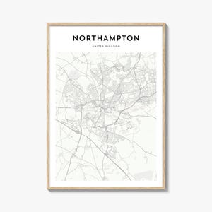 Kaartposter Northampton, kaartprint Northampton, Northampton Travel Wall Art, gepersonaliseerde kaart Northampton, Verenigd Koninkrijk