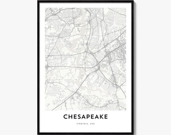 Chesapeake Map Poster, Minimalist City Print, Virginia Wall Art