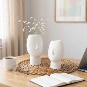 Modernes Gesicht Vasen Set | Minimalistische weiße skulpturale Vasen