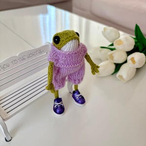 Puede incluir: Una muñeca de rana tejida a mano, vestida con un conjunto lavanda y zapatillas moradas. La rana tiene una cabeza verde, ojos negros y una boca blanca. La muñeca está colocada sobre una superficie blanca, cerca de un pequeño banco blanco y un ramo de tulipanes blancos.