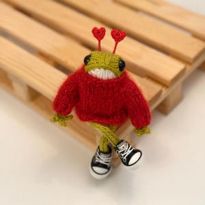 Op de afbeelding: Een groene gebreide kikker die een rode trui en zwarte sneakers draagt met rode hartjes op zijn kop. De kikker zit op een houten bankje.