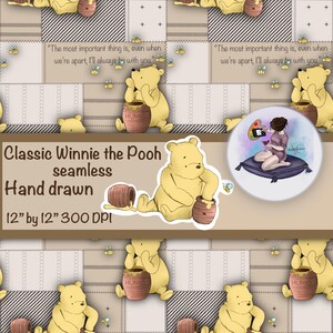 Può includere: Uno schema senza cuciture con Winnie the Pooh, un amato orso dei cartoni animati, che tiene un barattolo di miele. Lo schema è disegnato a mano e include la citazione "La cosa più importante è che, anche quando siamo separati, sarò sempre con te." Lo schema misura 30,48 cm per 30,48 cm e ha una risoluzione di 300 DPI.